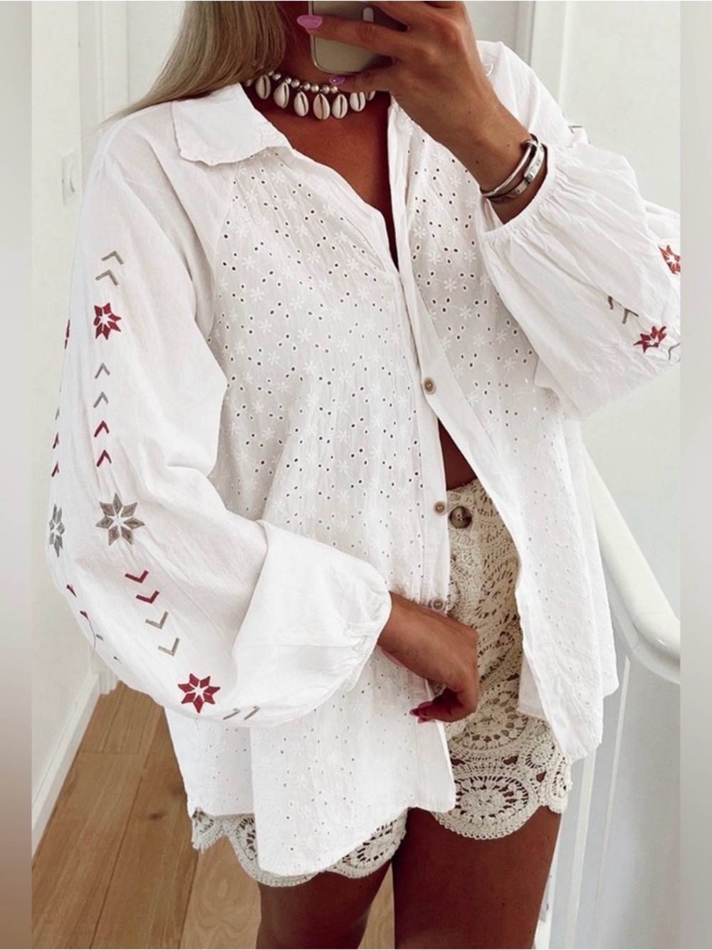 White Eyelet Button-Down Shirt with Embroidered Sleeves